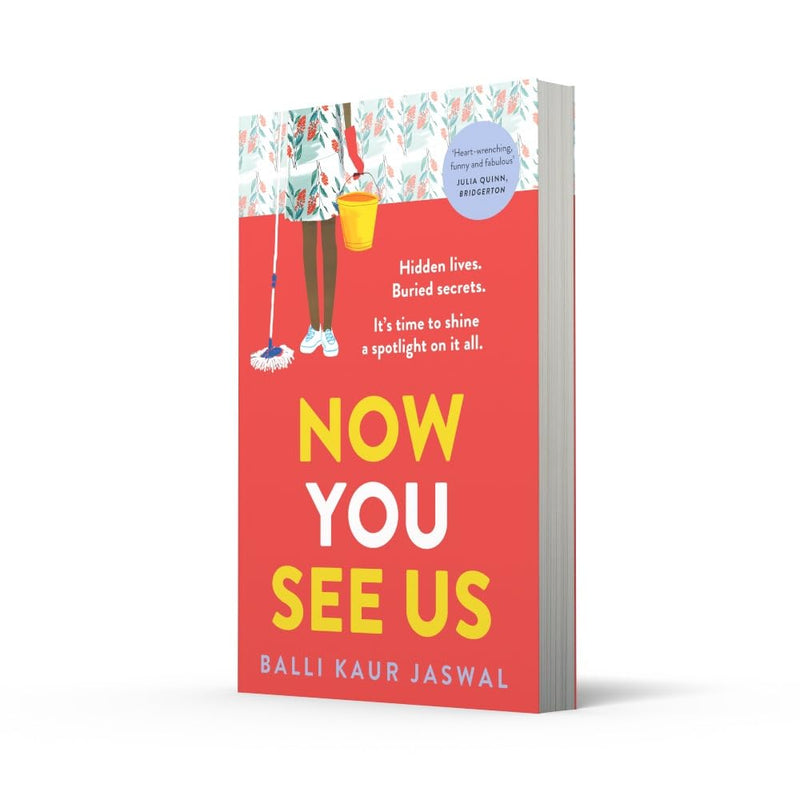 Now You See Us book by Balli Kaur Jaswal with red cover and illustrated person mopping