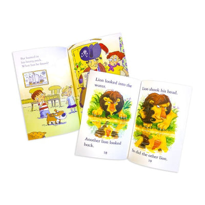 Open children's print books from My First Reading Library Collection Box Set showing colorful illustrations and simple text pages